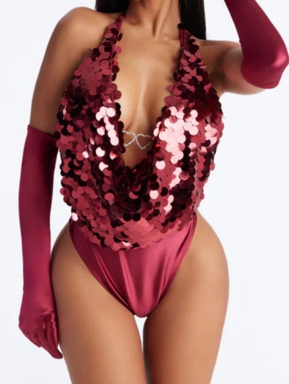 Fashion Nova Sequin Plunge Halter Bodysuit in Burgundy